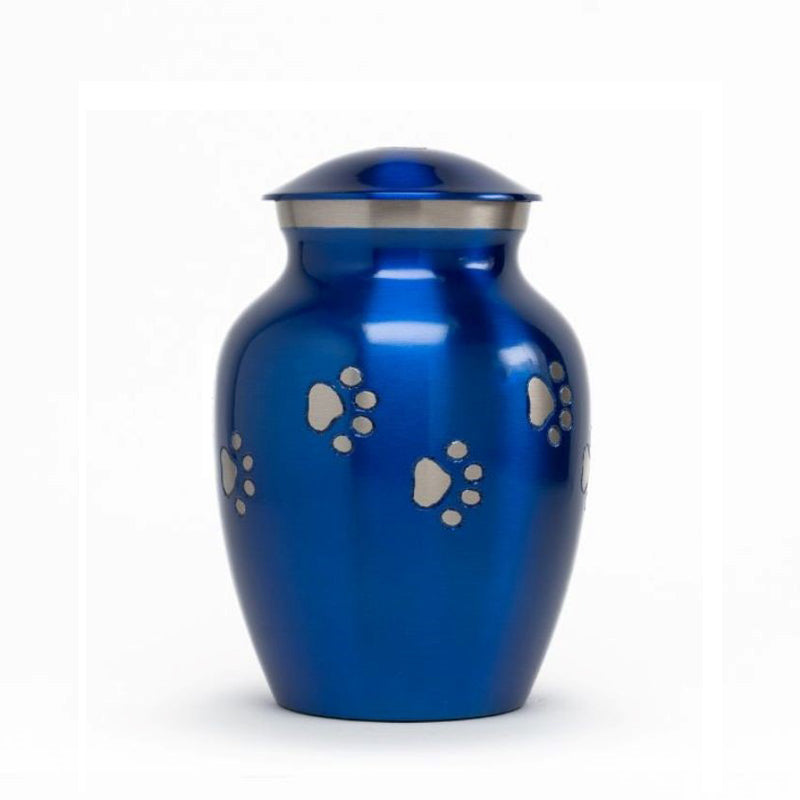 Glossy Blue with Pewter Paw Detail - 30 cubic inch Cremation Urn