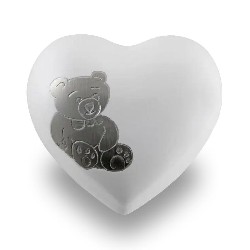 White Teddy Bear Heart Cremation Urn