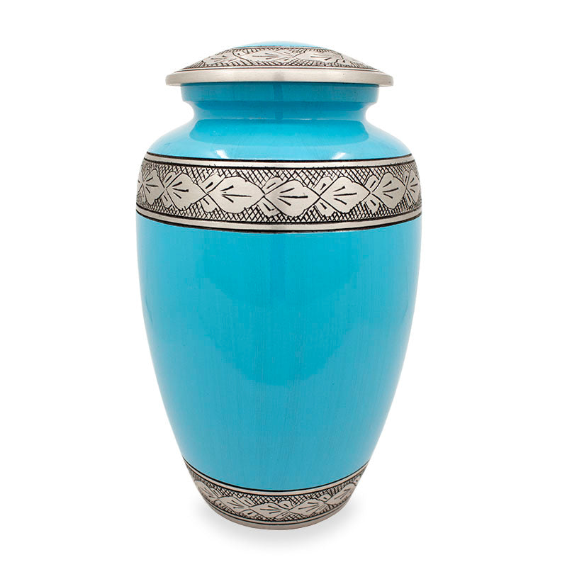 Turquoise pewter floral band cremation urn