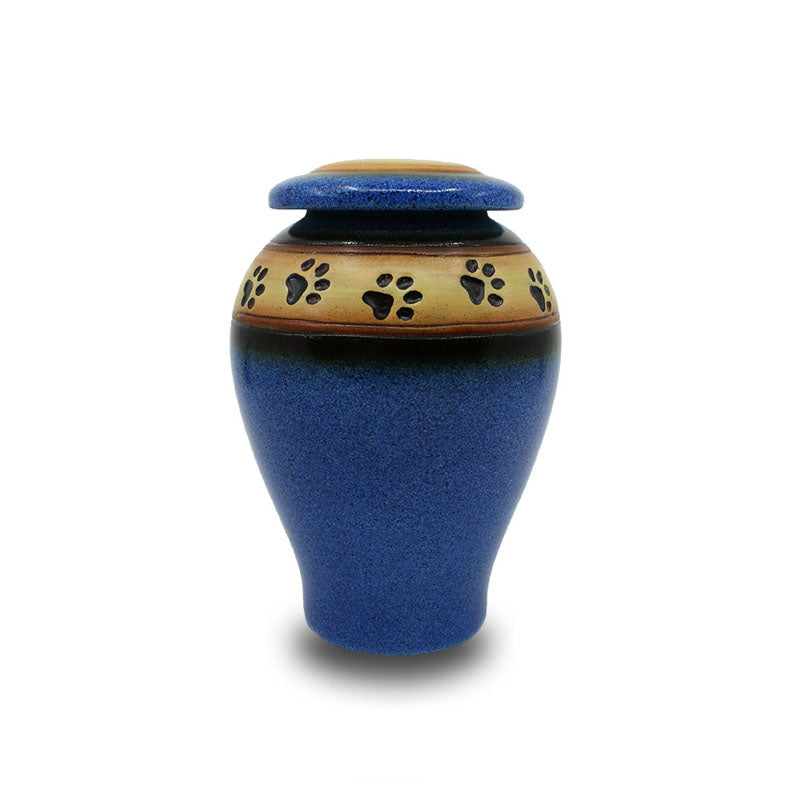 Blue paw print small pet cremation urn