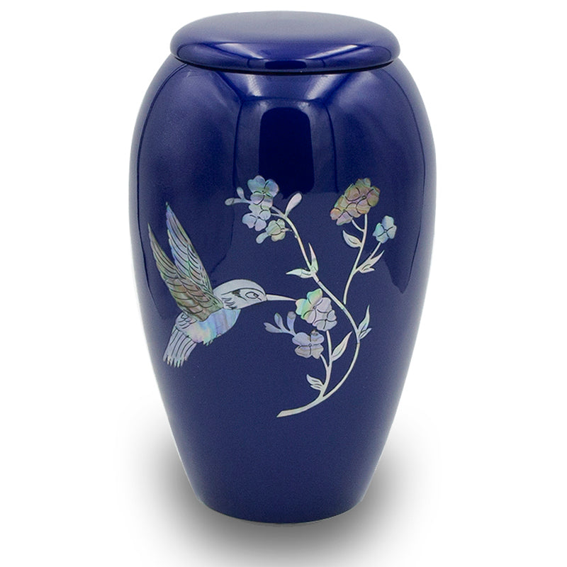 Blue hummingbird mother of pearl large cremation urn