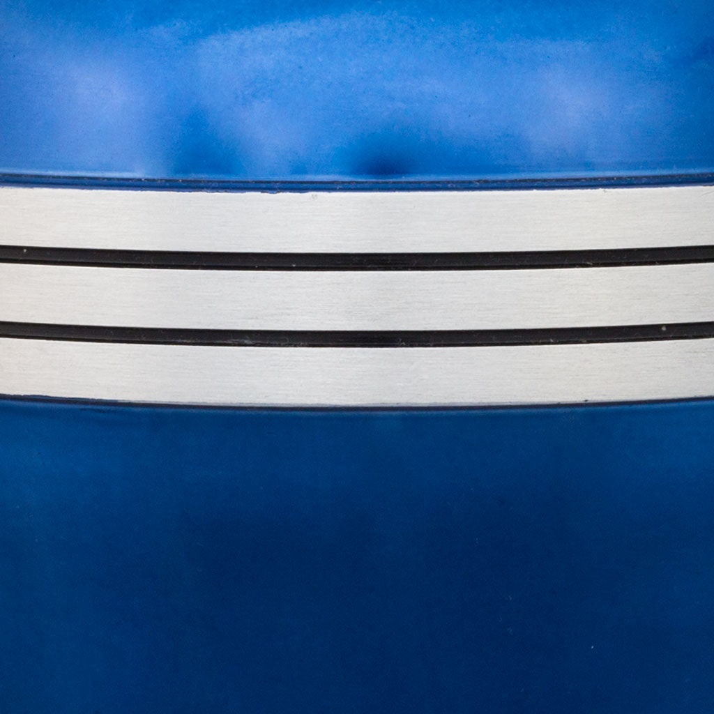 dark blue banded cremation urn close up