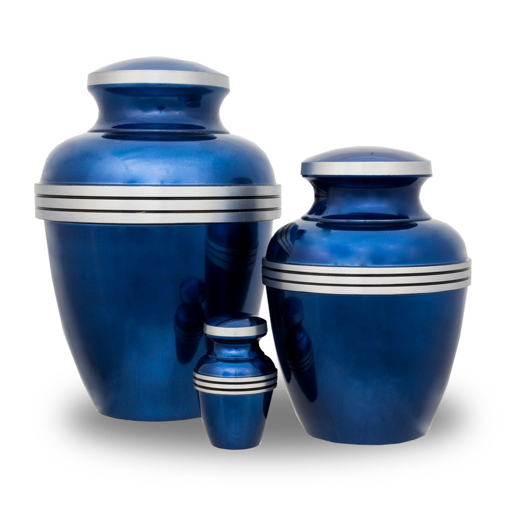 dark blue banded cremation urn set
