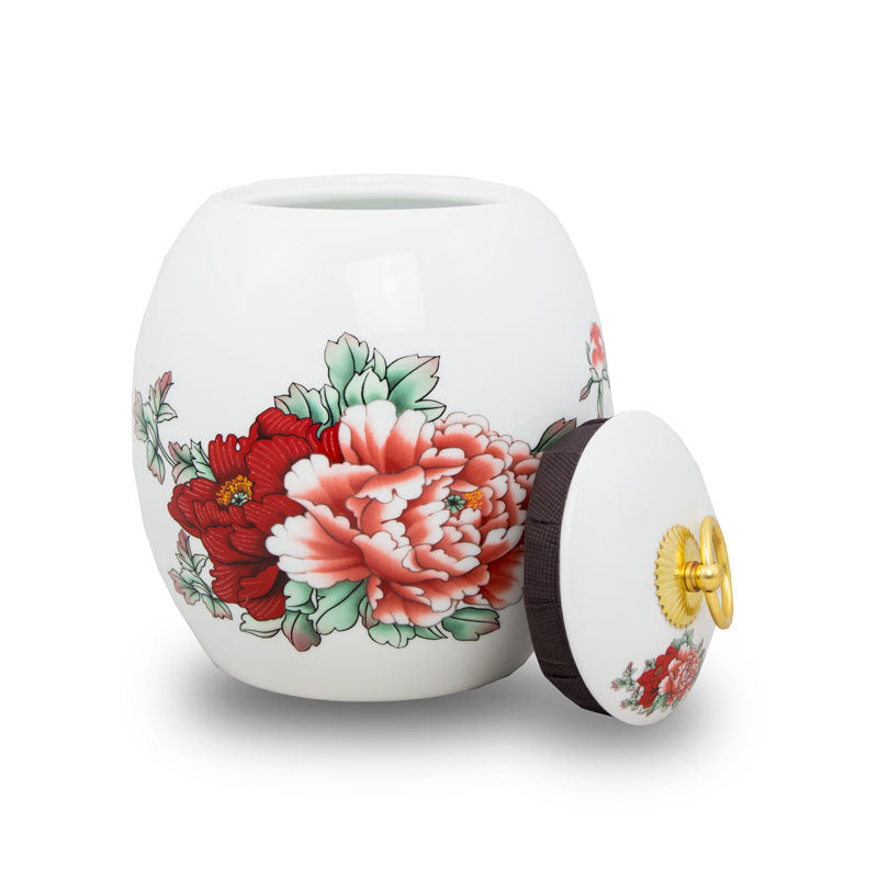 red peony ceramic cremation urn small opened